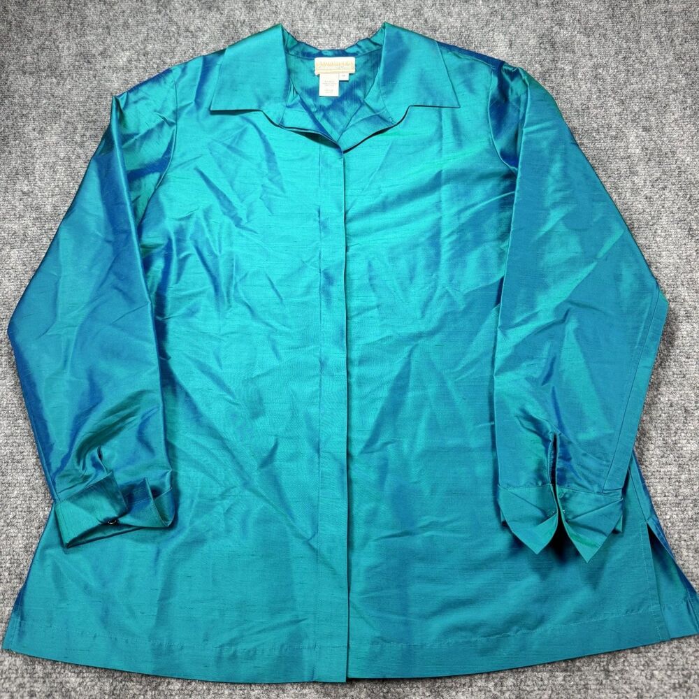 Coldwater Creek 100% Silk Blouse Women's Medium Teal Hidden Button Shimmer Top
